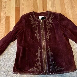 Elegant Burgundy Suede Jacket with Studded Details. NWT